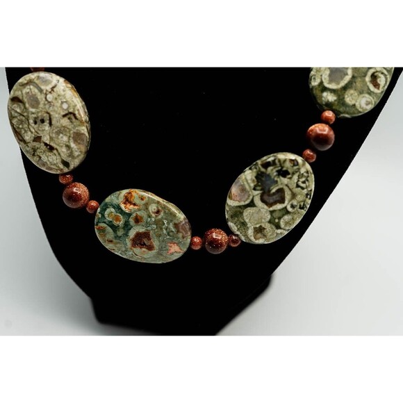 Green Jasper chunky natural stone necklace beaded Set with Earrings demi-parure - Picture 4 of 8